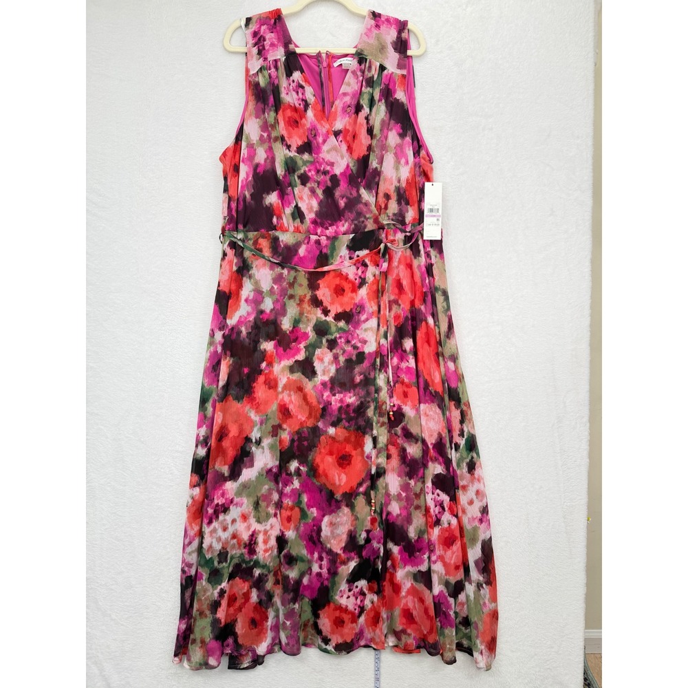 Calvin Klein Floral Maxi Dress Women 22W New Pink Red Watercolor MSRP $149